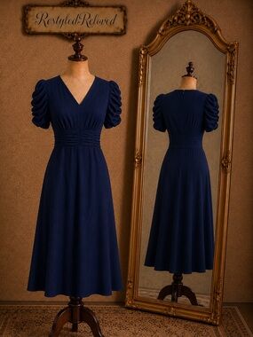 NWT Yesfashion Navy Blue Ruched Sleeve Midi Dress | Textured A-Line Dress Size L